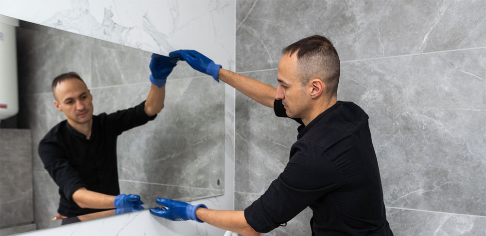 man installing mirror in bathroom